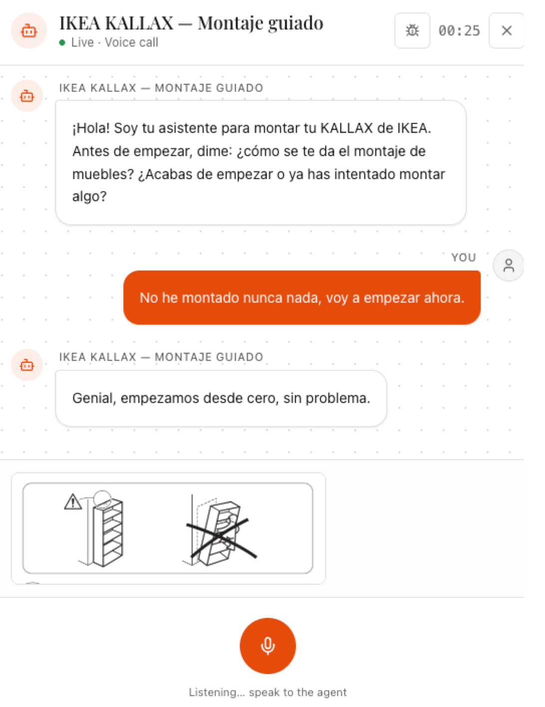 Gallax furniture assembly demo with a Spanish voice conversation, readable transcript and manual illustration.